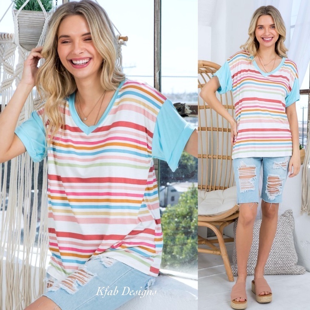 LAST 2! V Neck Super Soft Jersey Knit Multi Stripe Ruffle Sleeve Top!